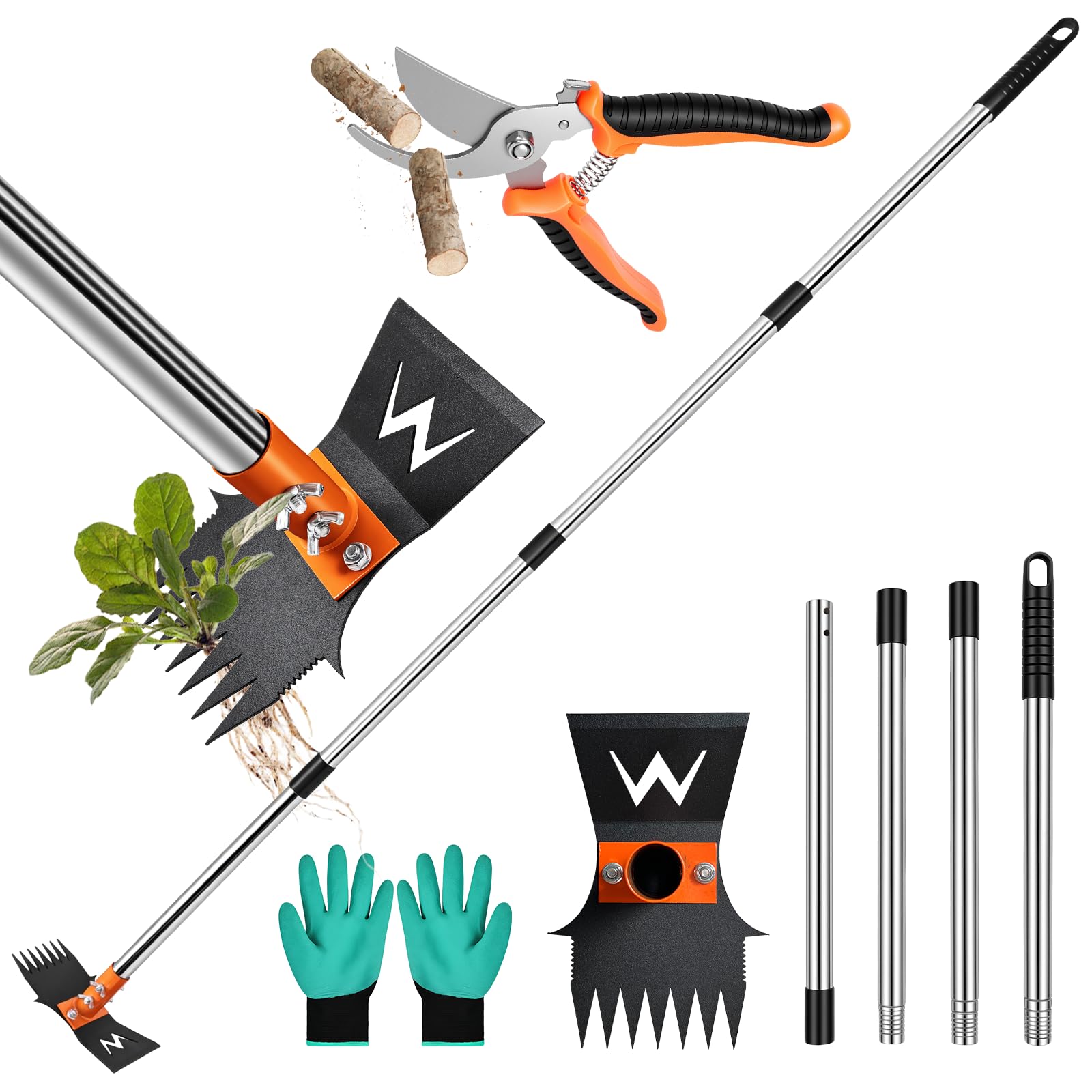 Garden Hoe & Weed Puller Tool with Long Handle, 60 Inch,Manual Weed Remover Tool, 3-in-1 Weed Rake & Grabber & Pruning Shears, Dandelion Gardenia Heavy Duty Uprooting Tool for Yard, Lawn and Garden