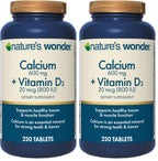 Nature's Wonder Calcium 600 mg with Vitamin D3 20 mcg for Bone Health, 220 Tablets (Pack of 2)