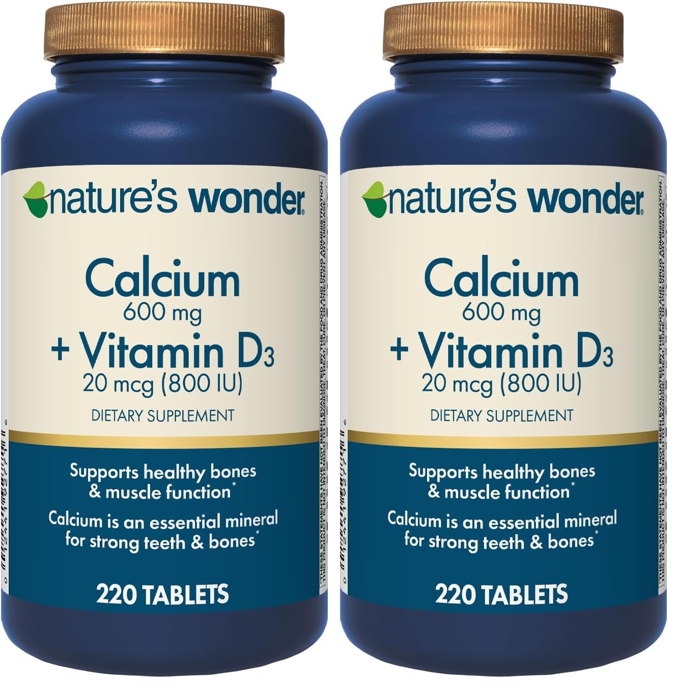 Nature's Wonder Calcium 600 mg with Vitamin D3 20 mcg for Bone Health, 220 Tablets (Pack of 2)