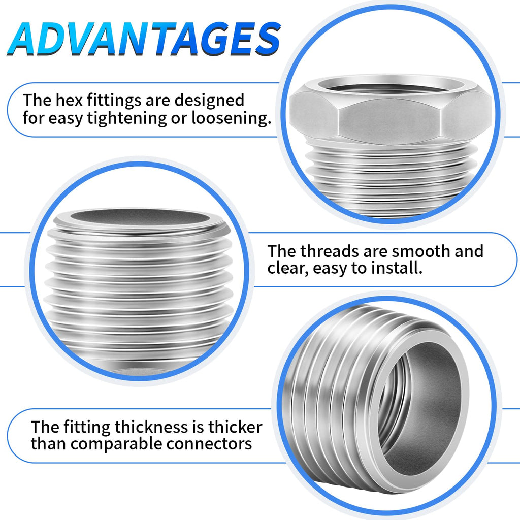ChillWaves 304 Stainless Steel Pipe Fitting, Reducer Hex Bushing 1/2" NPT Male x 3/8" NPT Female Thread Adapter(12-PACK)