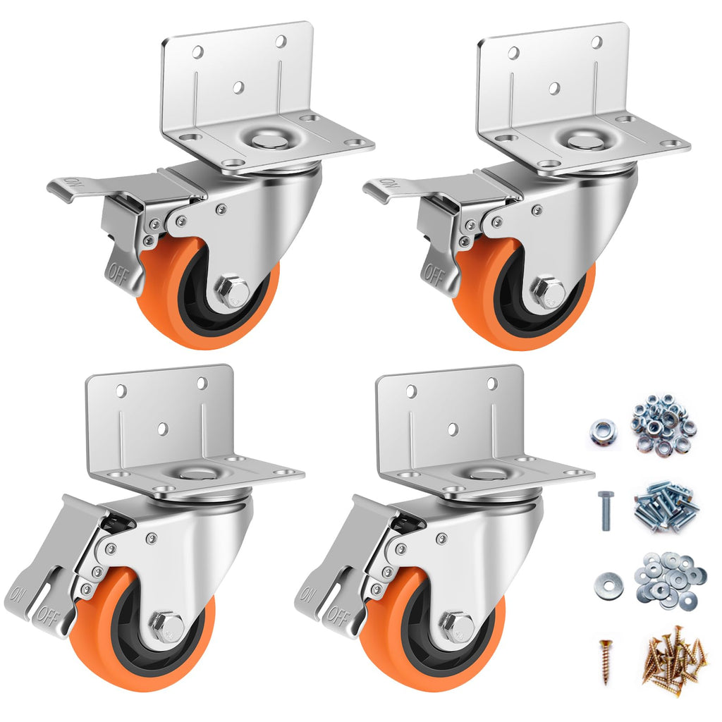 Caster Wheels,3 Inch L-Shaped Casters Set of 4 Heavy Duty,4-Pack Industrial Casters with Brake Polyurethane Wheels, Locking Caster Wheels for Furniture and Workbench