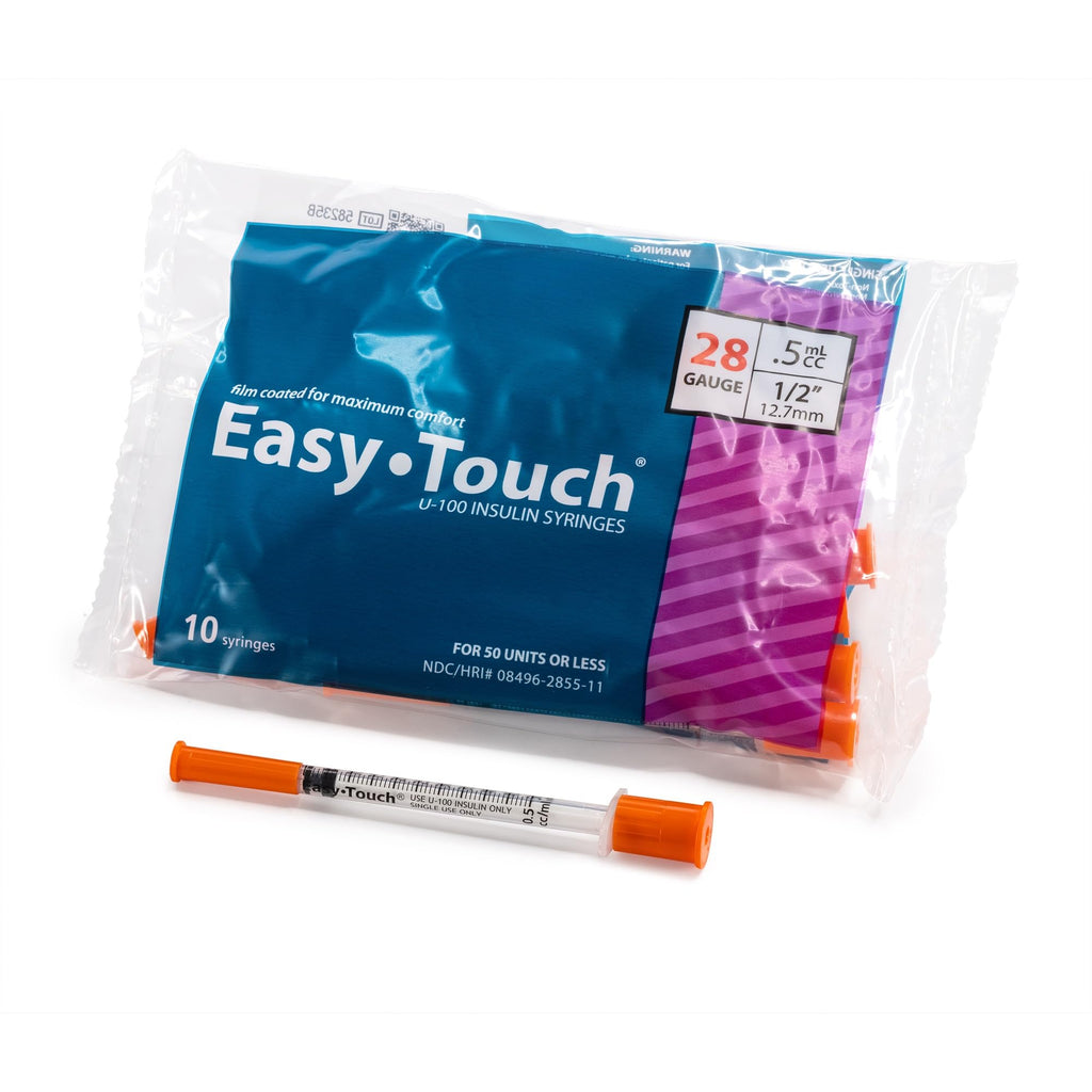 Easy Touch 28 Gauge U-100 Insulin Syringes (28G 0.5cc 1/2”) with 1/2” Long Needle, 0.5cc (50 Unit Capacity), Bold Markings for Accurate Dosing, Disposable, Box of 100