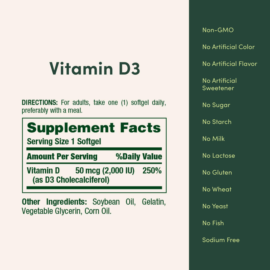 Nature's Bounty Vitamin D3 2000 IU, Supports Immune Health, Calcium Absorption & Bone Strength,Essential for Healthy Bones,Non-GMO,No-Gluten,350 Softgels,1 Serving Per Day for Daily Health,(Pack of 2)