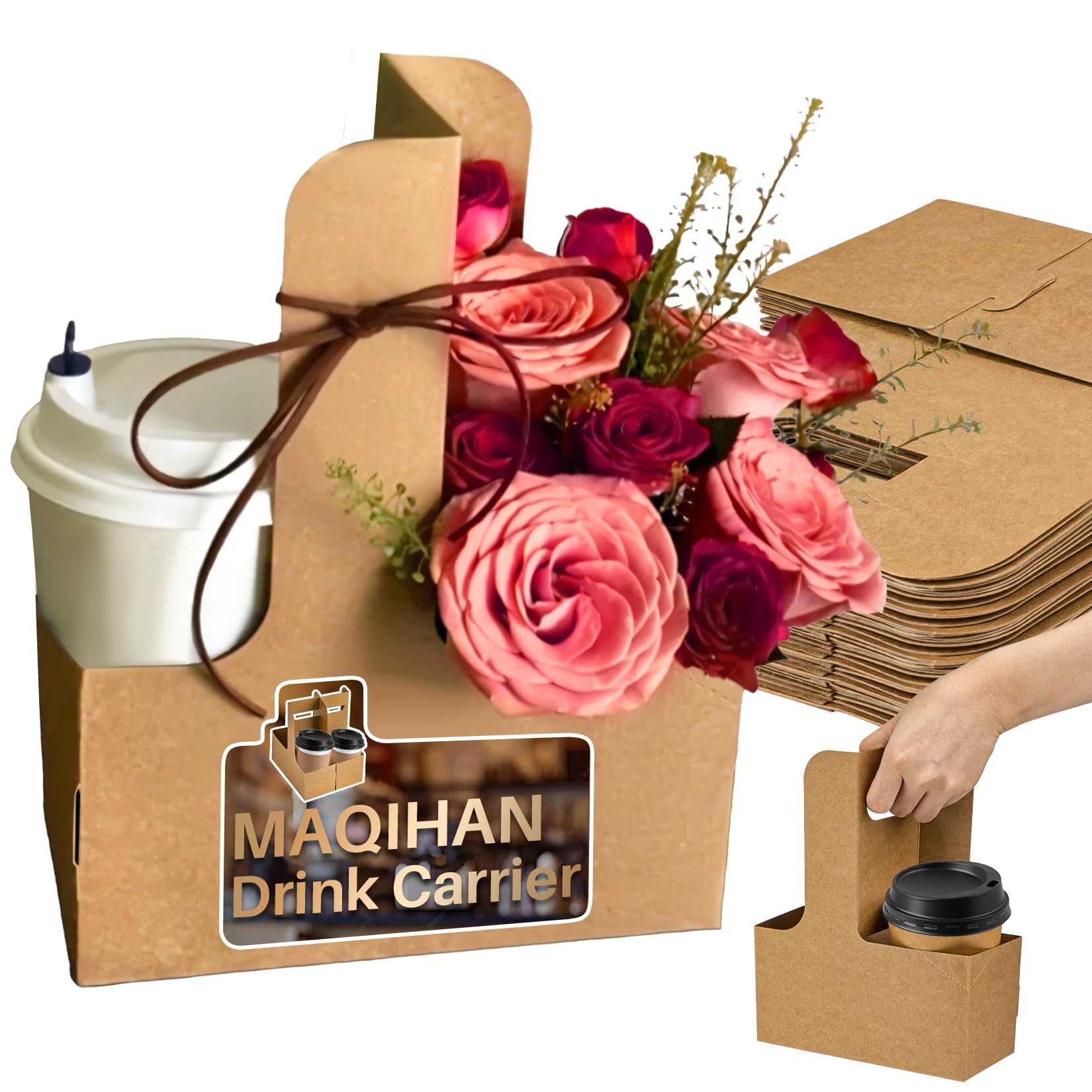 MAQIHAN 2 Cup Drink Carrier with Handle - 50Pcs Disposable Cardboard Coffee Cup Holder Portable Foldable Tray Drink Caddy Cup Carriers to go Cup Holder Food Delivery Accessories for Hot/Cold Drinks