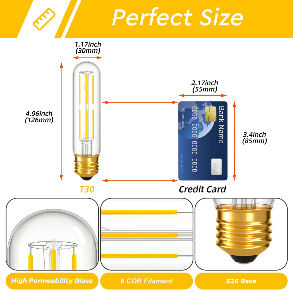 Dimmable E26 T10 LED Bulb Tube Light Bulbs 6W(60W Equivalent),Tubular Light Bulb Type T Long Thin Skinny Light Bulbs for Curio Cabinet,Piano Light,Chandelier,Hutch,4000K Neutral White 600LM,4 Pack