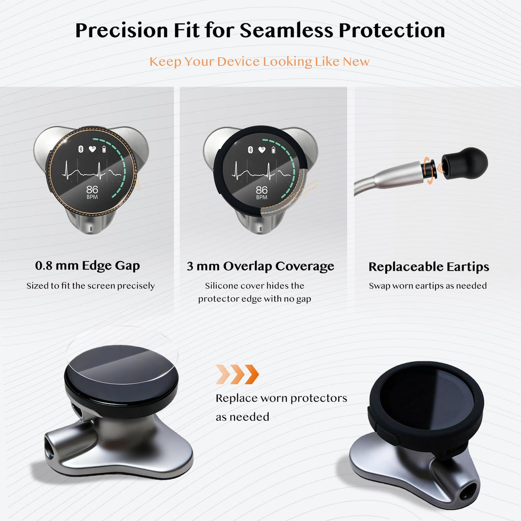 All-in-One Protection Kit for EKO CORE 500 Digital Stethoscope, 3 EPU Flexible Film, 3 Silicone Protective Cover, 6 Rubber Ear Tips, Round Protection for Daily Use, Compatible with EKO Stethoscope