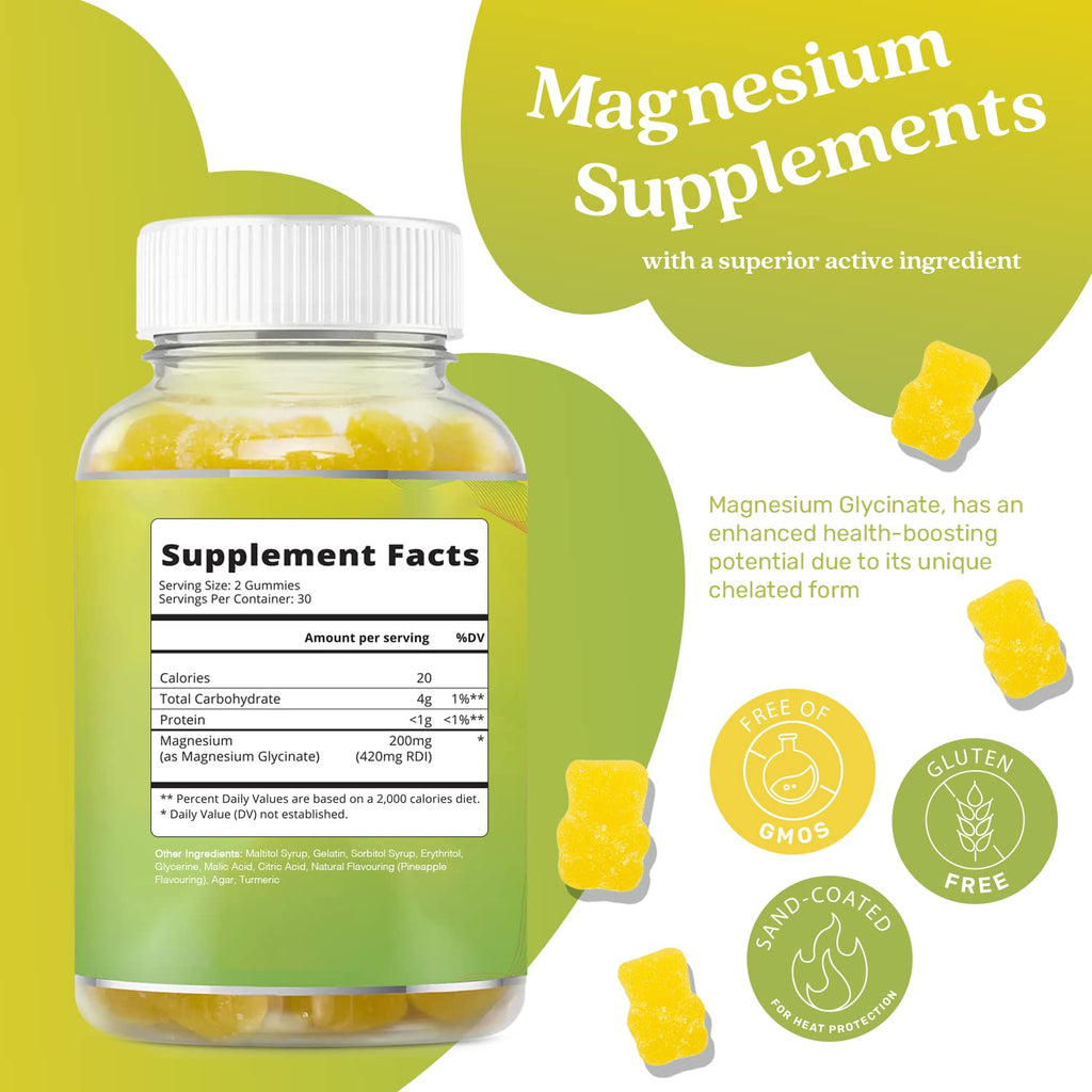 BeLive Magnesium Glycinate Gummies 200 mg - Sugar Free Supplement for Muscle Relaxation, Sleep Support, & Heart Health for Adults & Kids - Pineapple Flavor - 5 Pack, 300 Count