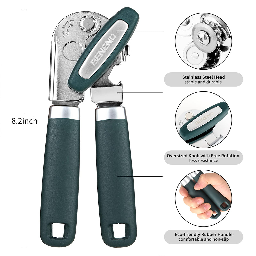 Beneno Heavy Duty Hand Can Opener Manual with Magnet Lid Remover, Green