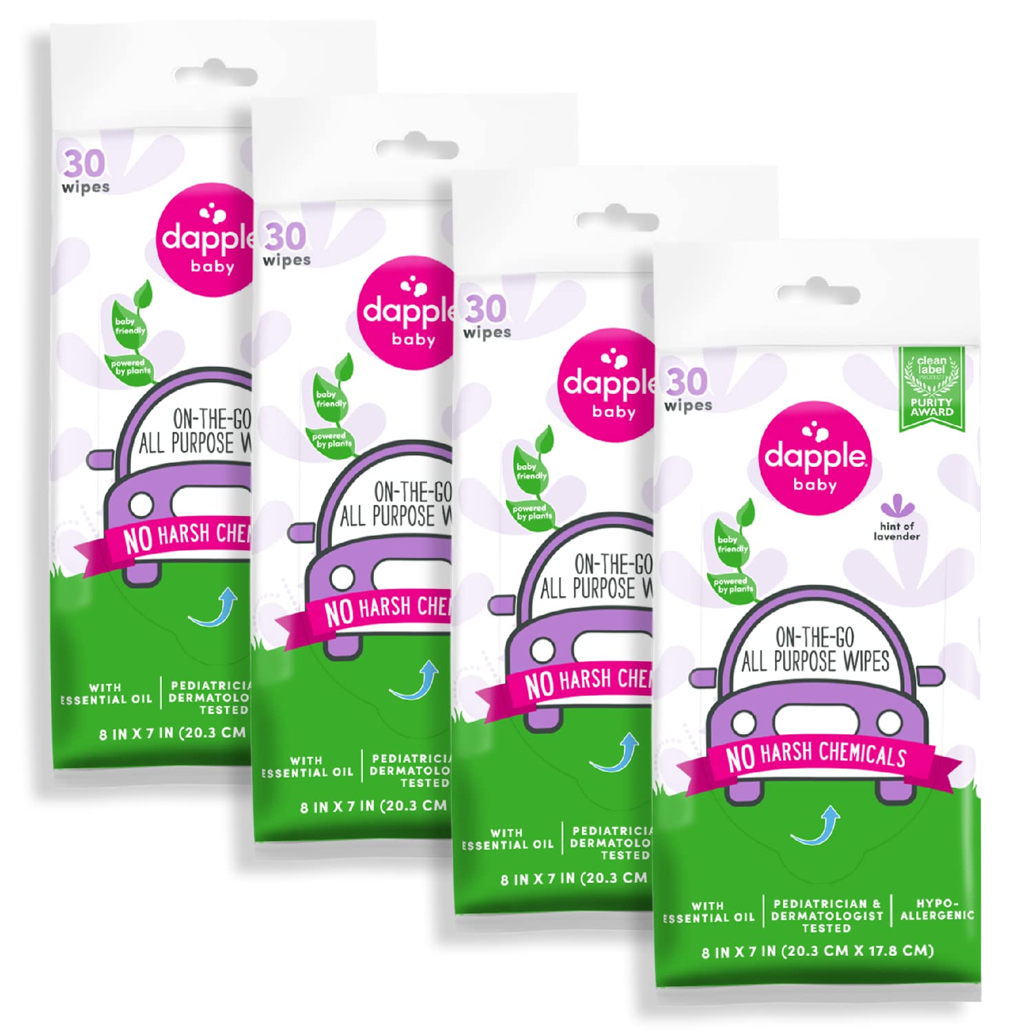 Dapple Baby All Purpose Wipes, Hint of Lavender, Plant Powered, Hypoallergenic, 30 Count (Pack of 4)