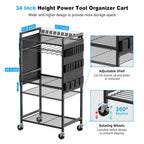 JUNNUJ Large Power Tool Organizer Cart with Charging Station, Garage Floor Standing Rolling Drill and Tools Battery Storage Cart on Wheels, Heavy Duty Rack Shelf with 8 Outlet Power Strip, Black