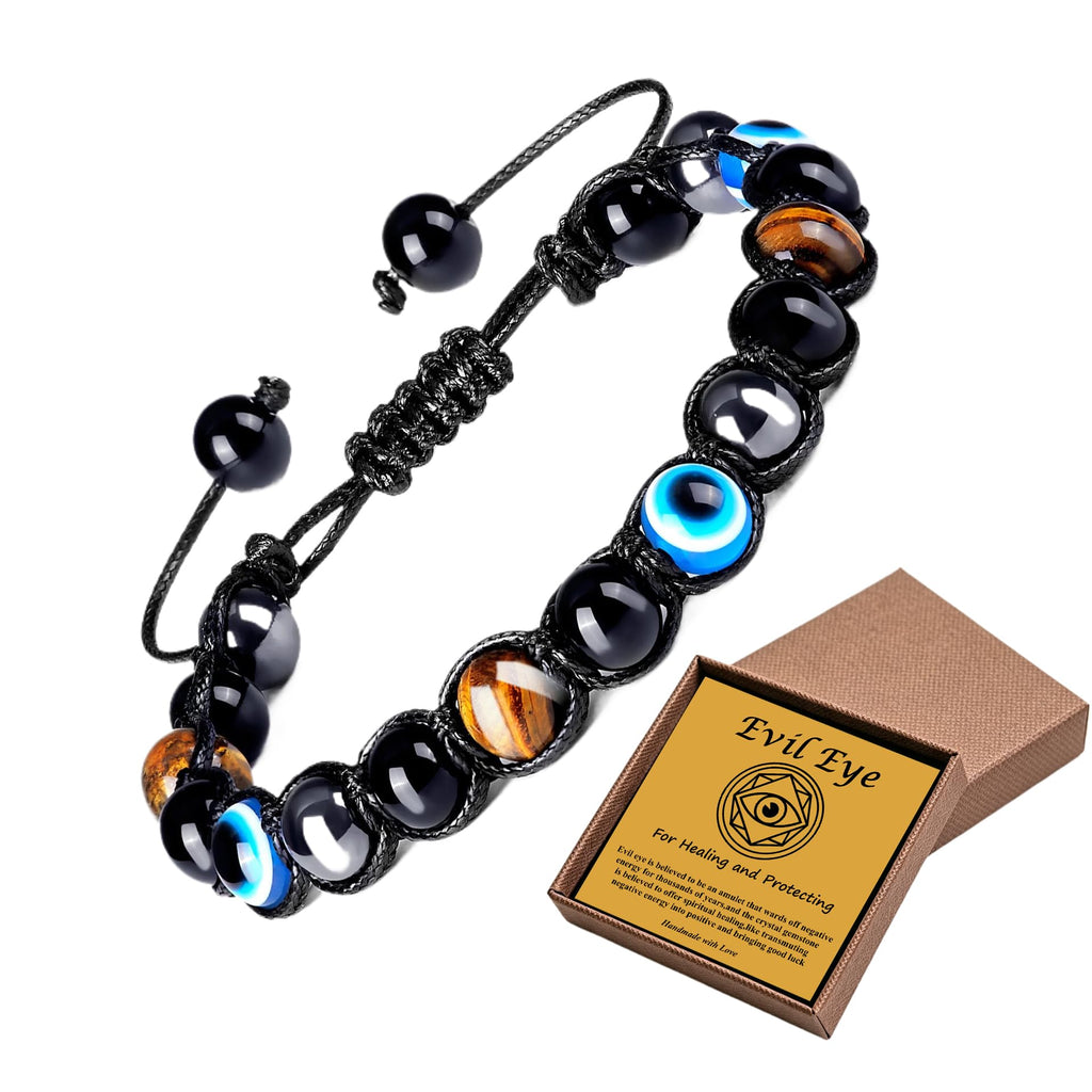 Evil Eye Bracelets for Mens Women,Mens Hematite Bracelets,Tiger Eye Bracelet for Men,Black Tourmaline Bracelet,Mens Beaded Jewelry