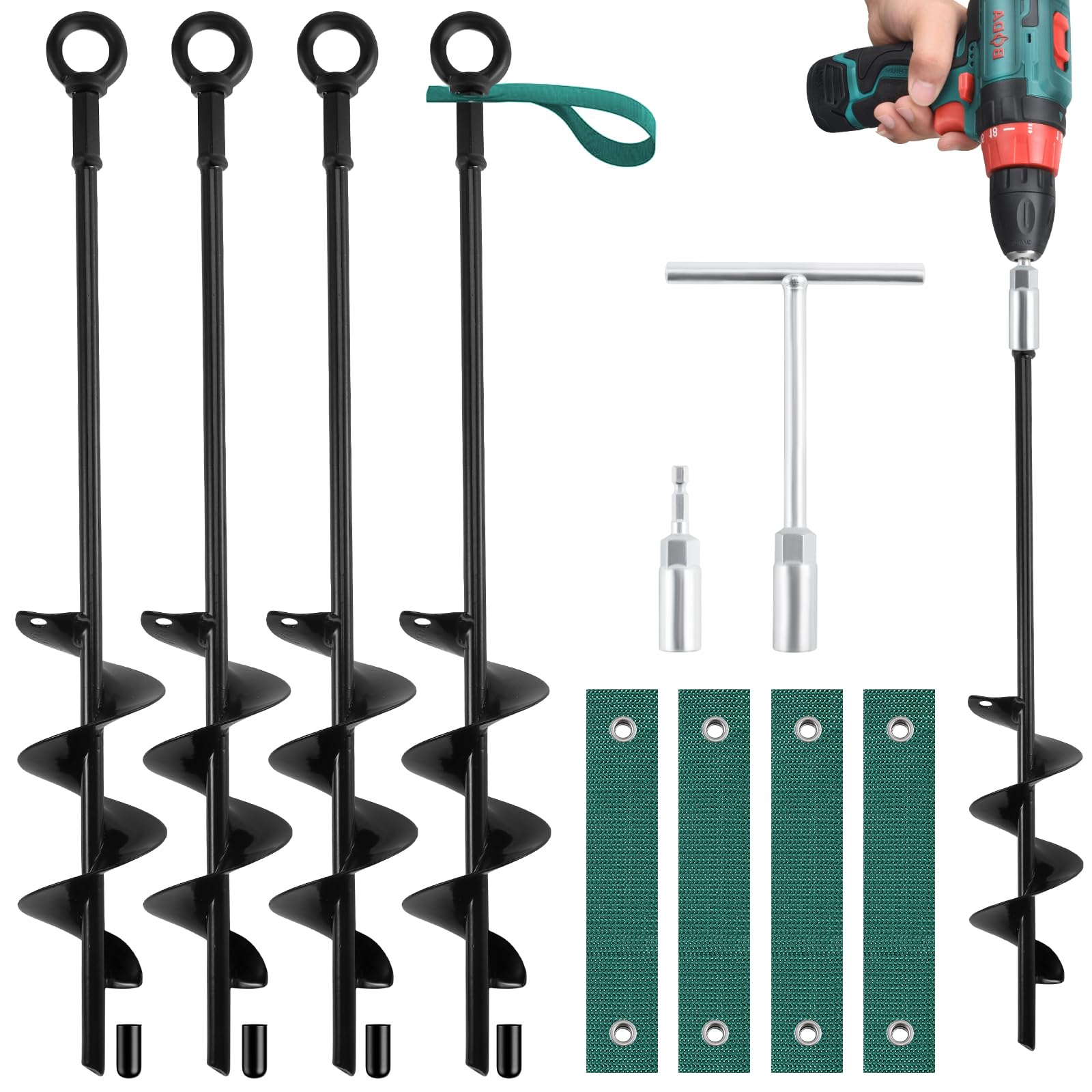 Qimshemi 18-Inch Ground Anchors Screw in Heavy Duty, 4 Pack Shed Anchor Kit with Wrenches and Straps, High Wind Trampoline Anchors & Stakes for Swing Sets, Camping Tent, Carport, Plants, Mobile Home