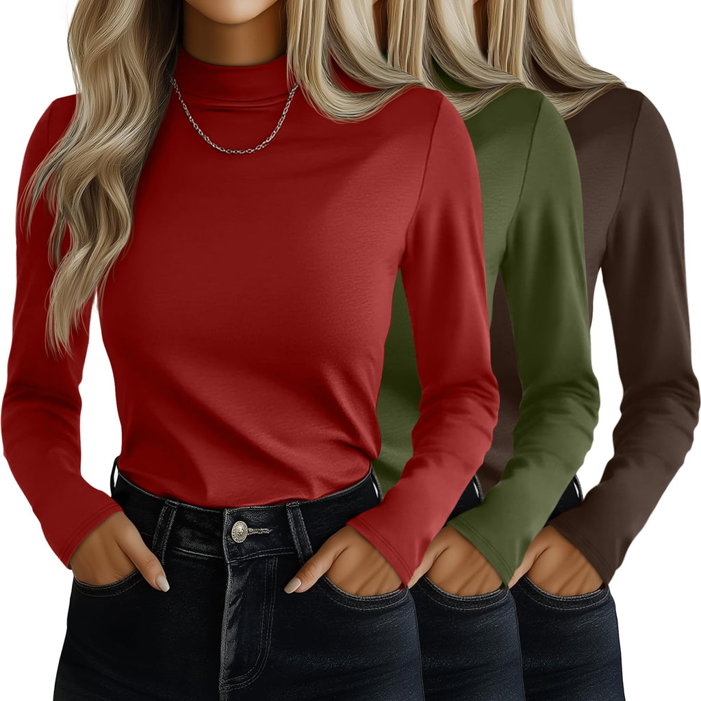 Ficerd 3 Pack Women's Mock Turtleneck Shirts, Long Sleeve Mock Neck Pullover Tops Slim Fitted Stretch Undershirt Tee Blouse(Dark Coffee, Christmas Green, Christmas Red,Medium)