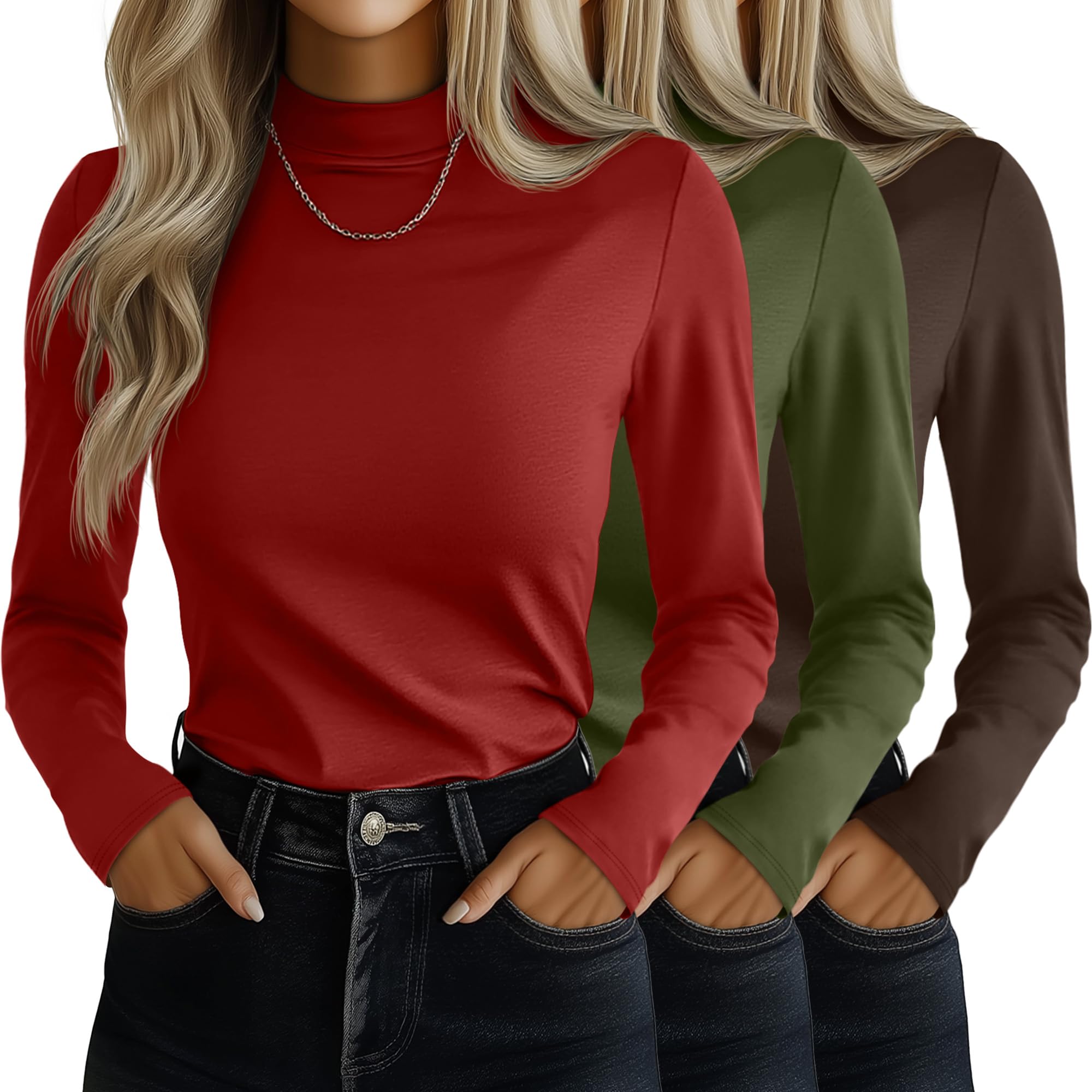 Ficerd 3 Pack Women's Mock Turtleneck Shirts, Long Sleeve Mock Neck Pullover Tops Slim Fitted Stretch Undershirt Tee Blouse(Dark Coffee, Christmas Green, Christmas Red,Medium)