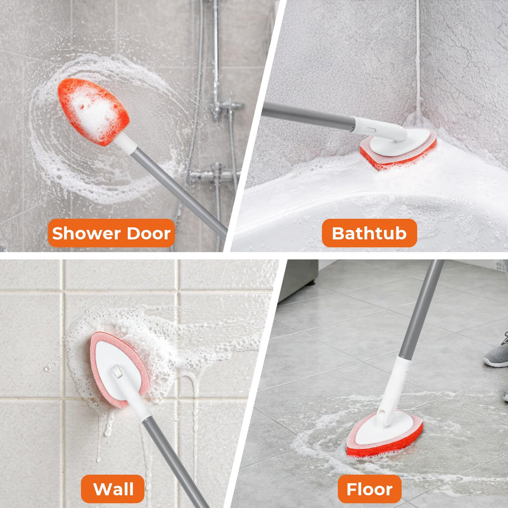 Bathtub Scrubber with Long Handle - Shower Scrub Brush with 8 Replacement Scouring Pads, Bathroom Cleaning Brush for Tub, Tile, Floor