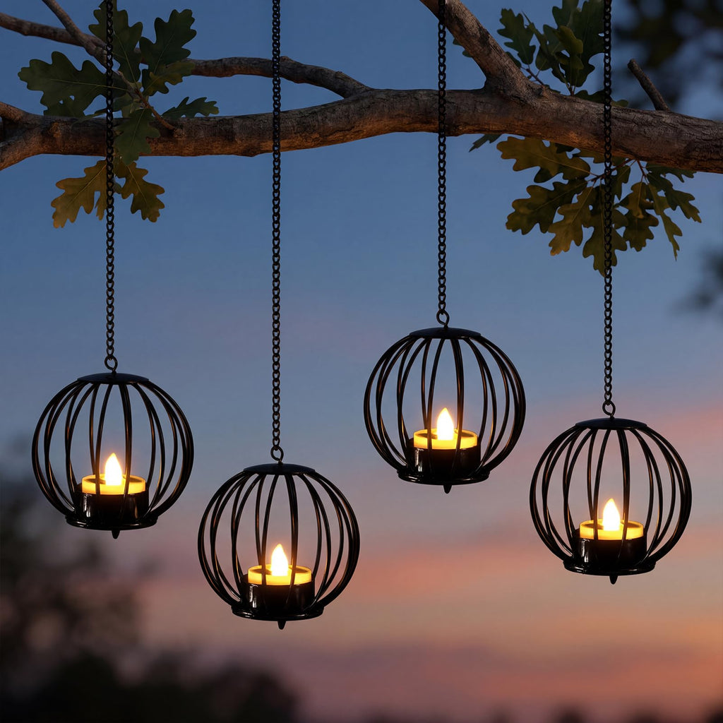 Edenseelake Solar Hanging Lanterns Outdoor Waterproof, Metal Ball Candle Holder with Flickering Solar Powered, Chargeable Solar Lights for Backyard Patio Garden Fence Tree Decoration, 4 Pack