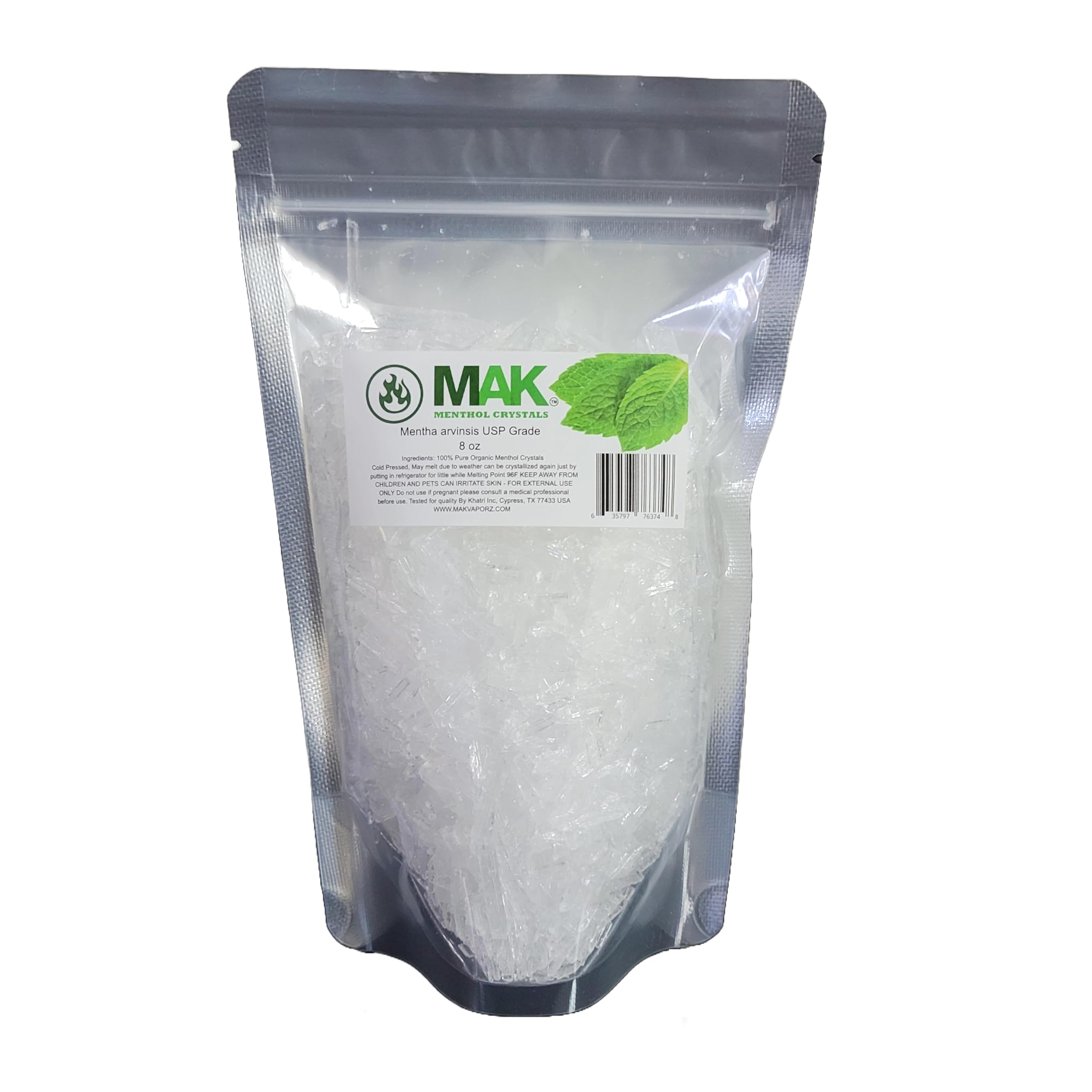 Mak Menthol Crystal 8 oz - Pure Organic 100% Natural - Menthol Crystals from Mint Crystal Mints Mentha Arvensis - Comes in Resealable Standup Bag for Long-Lasting Freshness