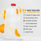 KitchenDine Plastic Milk Bottles, 64 Oz HDPE Material, Juice Bottles with Red Tamper-Evident Caps, Set of 6, Clear bottle with Red cover (6)