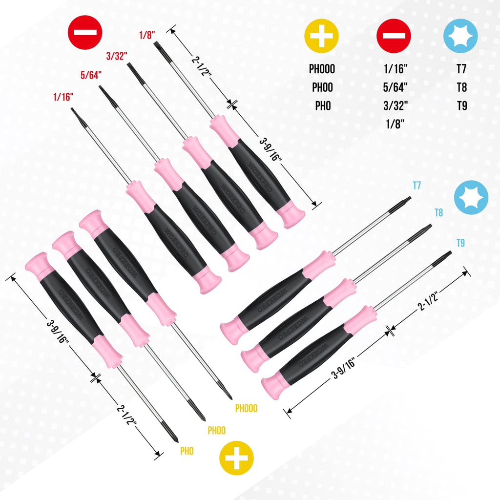 WORKPRO 10-Piece Precision Screwdriver Set with Pink Pouch, Phillips, Slotted, Torx Star, Magnetic Tip Small Screwdriver Repair Kit, for Eyeglass, Watch, Computer, Laptop and Phone - Pink Ribbon