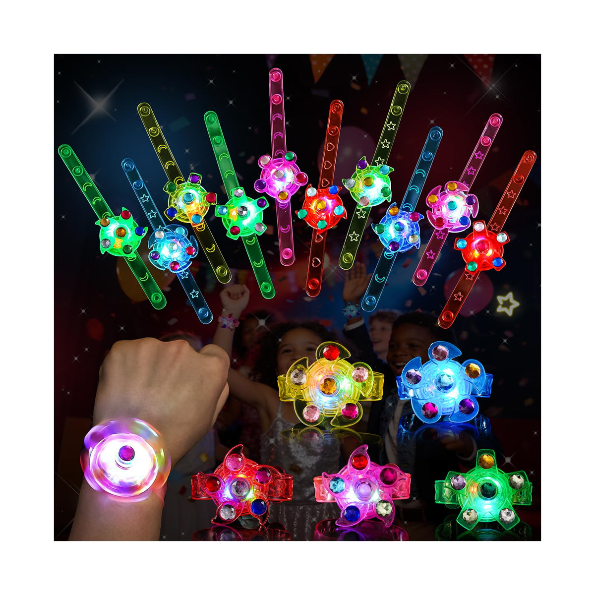 SCIONE 24 Pack LED Light Up Fidget Spinner Bracelets, Party Favors for Kids