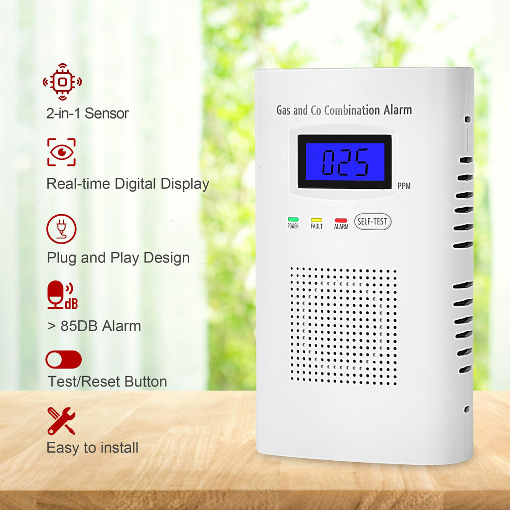 Combination Natural Gas Detector & Carbon Monoxide Detector, Plug in Carbon Monoxide Alarm & Propane Detector,Methane,with Backup 9V Battery Feature, Digital Display for Home, Apartment, RV