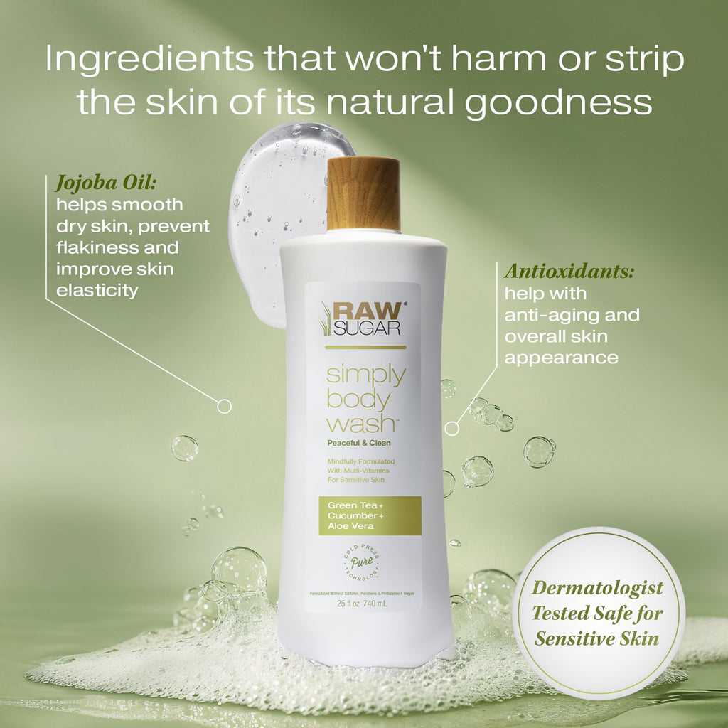 RAW SUGAR Green Tea Aloe Soother Gentle & Hydrating Body Wash, 20 Fl Oz (Pack of 3), Gentle & Soothing Bath & Shower Gel, Sensitive Skin-Friendly, Vegan, Formulated without SLS/SLES & Parabens