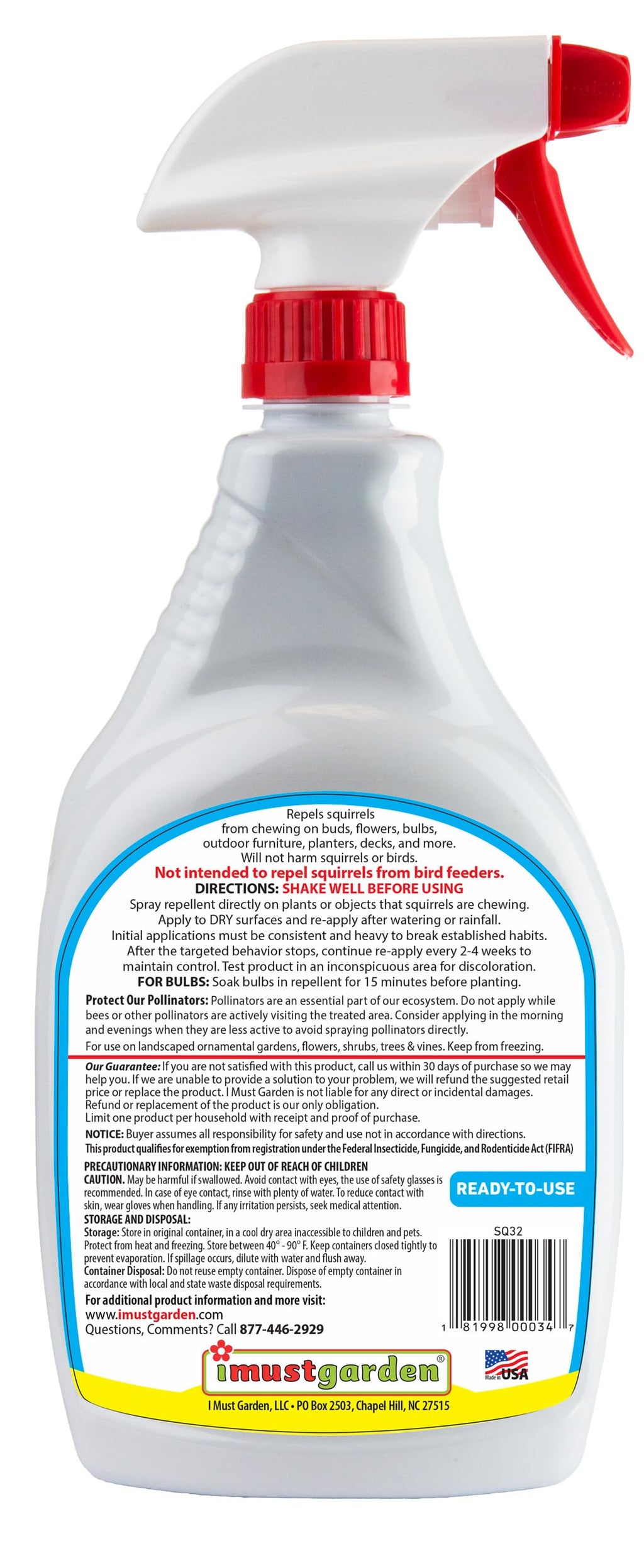 I Must Garden Squirrel Repellent: Protects Vehicles, Plants, Decking, & Furniture – Works on Chipmunks – 32oz Ready to Use