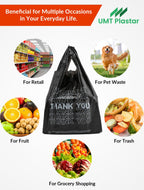 UMT Plastar 300 Count Thank You Plastic Bags, 12" x 6" x 22", 15 Mic Black T Shirt Grocery Bags with Handles, Ideal for Restaurants, Retail, Grocery Stores, Takeout, Convenience Stores