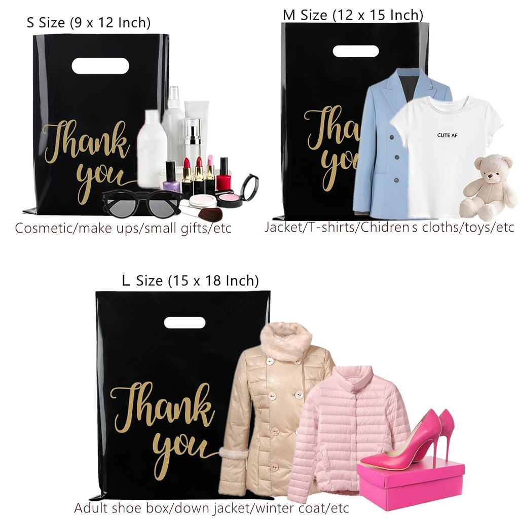 Jutieuo 100 Pack Black Thank You Shopping Bags for Small Business - 12"x15" Extra Thick 2.36 Mil Plastic Retail Thank You Bags with Handles for Stores, Boutique, Clothes, Business Gift