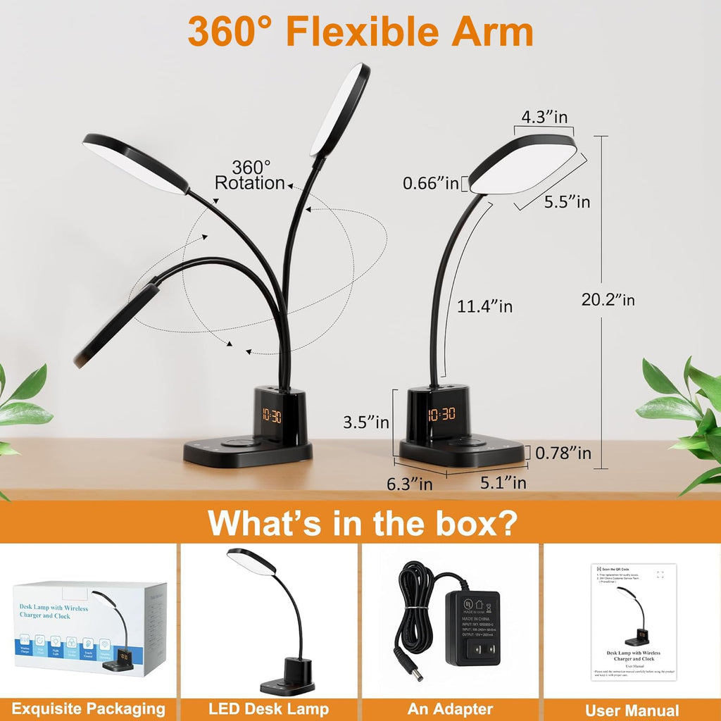 Sailstar Desk Lamp, Bedside Table Lamps with Wireless Charger and Clock, 30Mins Auto-Off Night Light Lamp, 3 Color Modes Dimmable Touch 800LM CRI 95, LED Desk Lamps for Home Office, Adapter Included