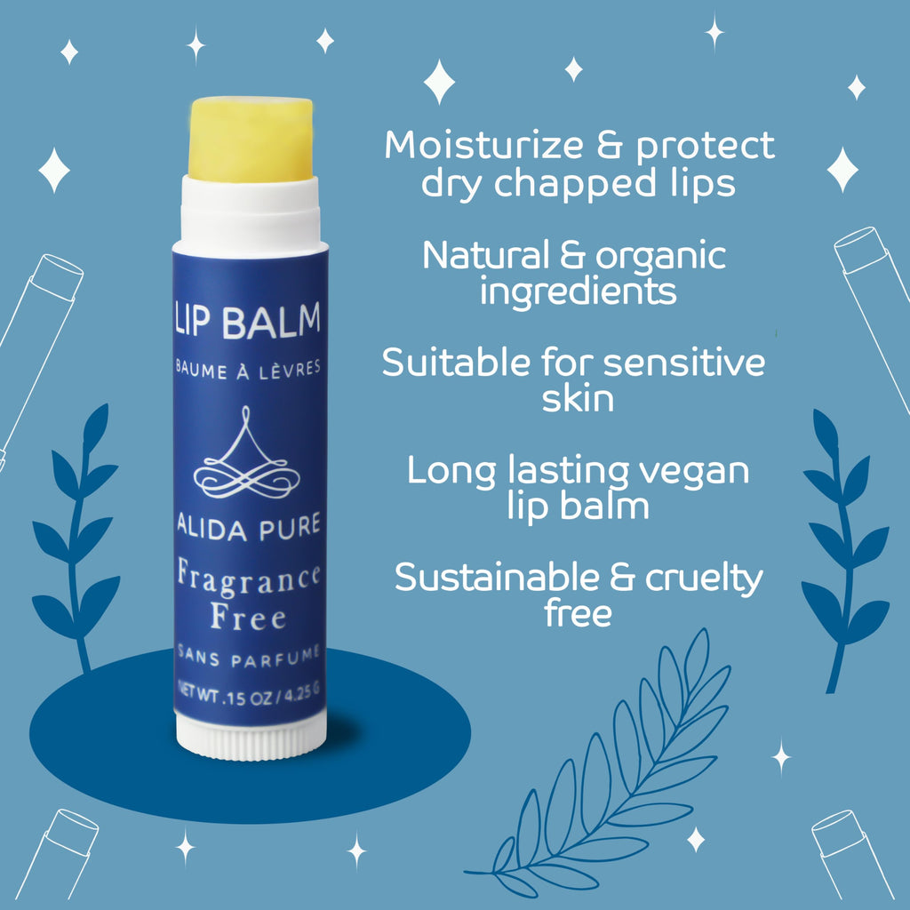 ALIDA PURE Fragrance Free Lip Balm, Vegan Set, Unscented, No Flavor, Beeswax Free, Organic Jojoba and, Avocado Oil, Vitamin E, Natural Moisturizer for Dry, Chapped, or Cracked Lips, 5 Tube Set