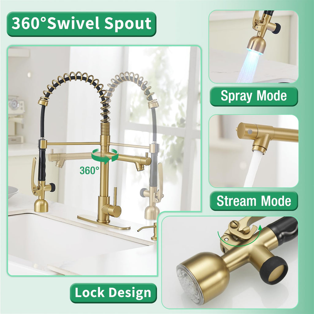 Fapully Commercial Kitchen Faucets with Pull Down Sprayer Brushed Gold LED Single Handle Faucet for Kitchen Sink, Kitchen Faucet with Soap Dispenser and Deck Plack for 4 Hole