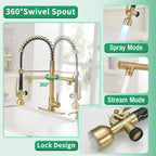 Fapully Commercial Kitchen Faucets with Pull Down Sprayer Brushed Gold LED Single Handle Faucet for Kitchen Sink, Kitchen Faucet with Soap Dispenser and Deck Plack for 4 Hole