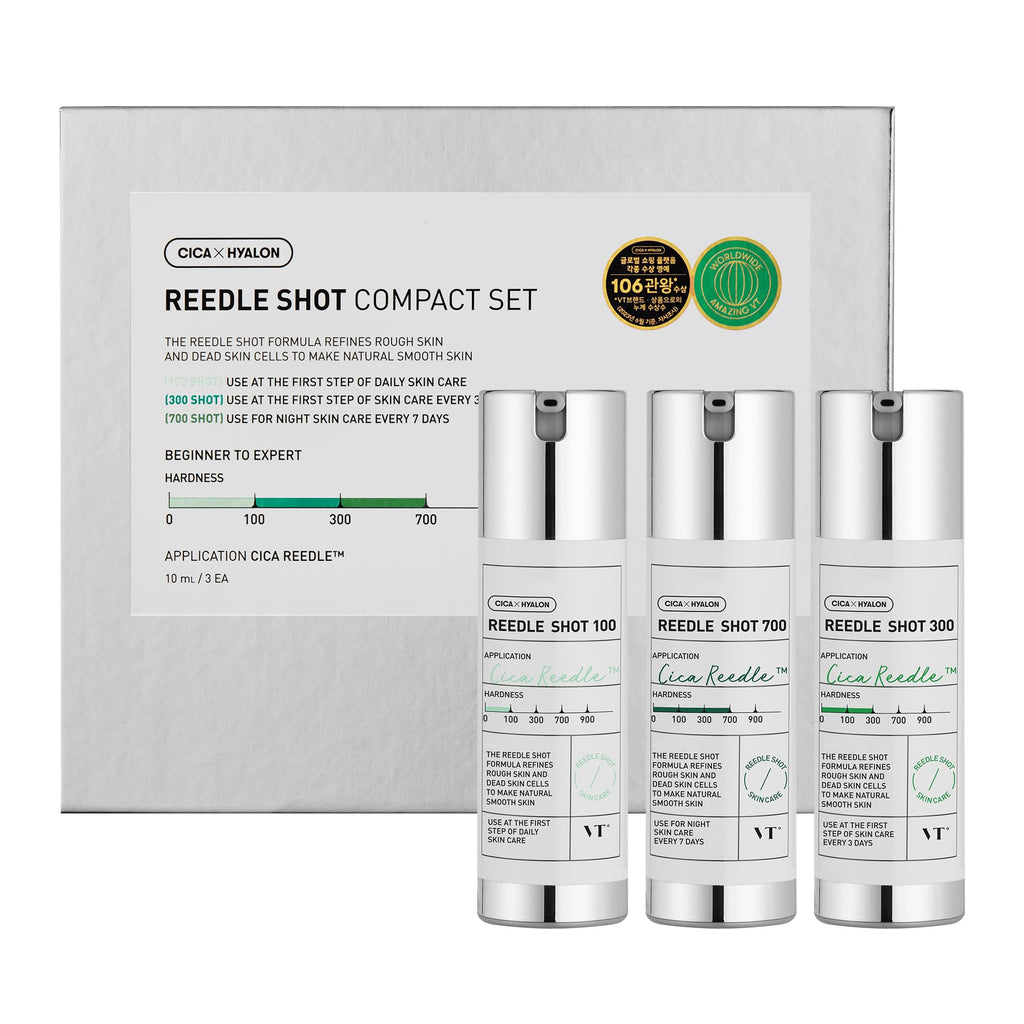 VT COSMETICS Reedle Shot Compact Set, Microneedling Serum Gift Set with Reedle Shot 100, 300, 700, Exfoliating, Anti-Aging, Travel Size Skincare, Gift Set for Glass Skin (0.34 oz / 10ml each)