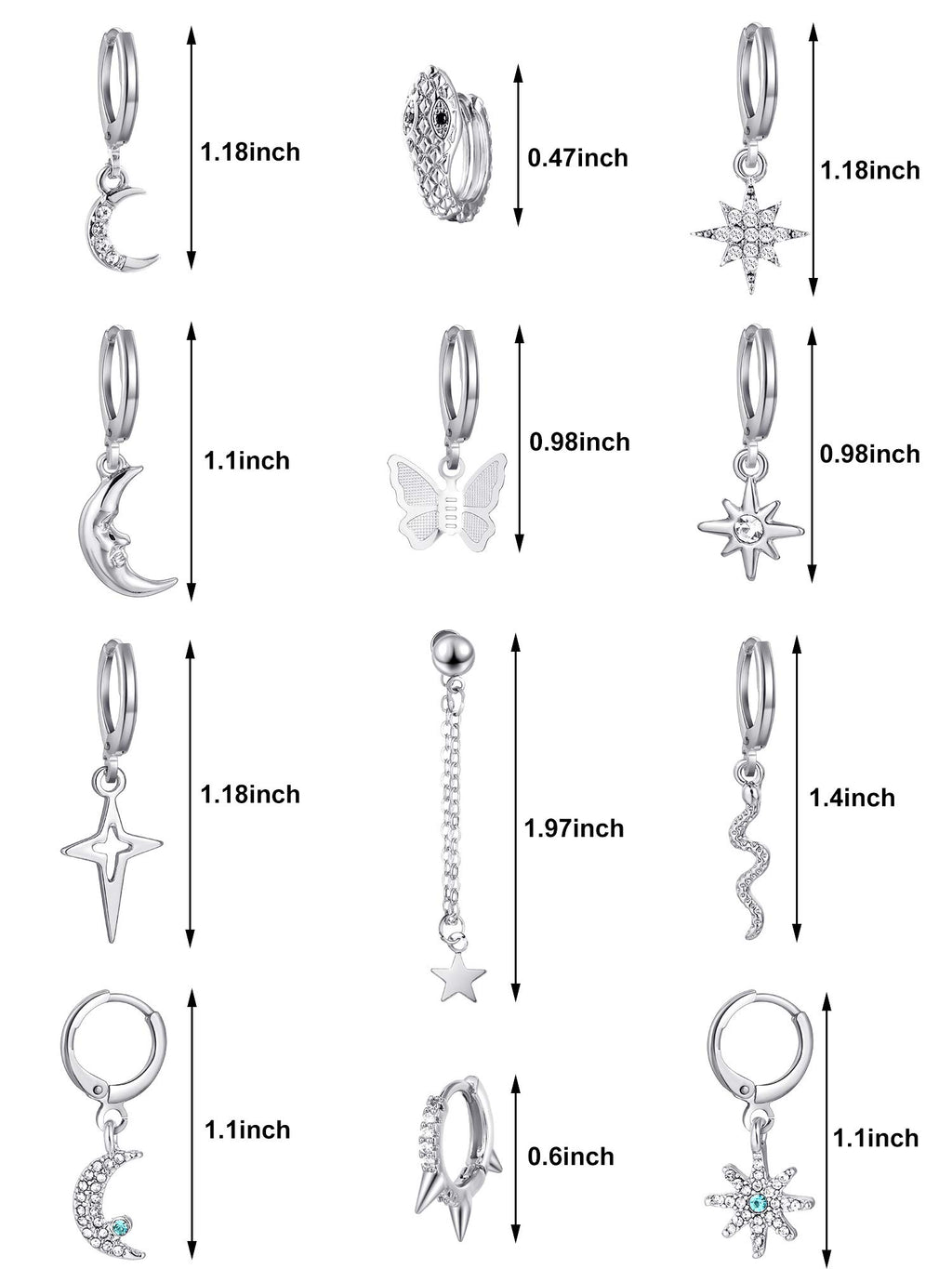 Hicarer 12 Pairs Dangle Huggie Hoop Earrings Star Moon Charms Set,Silver