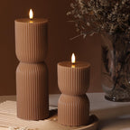 Girimax Warm Brown Ribbed Flameless Pillar Candles with Remote, Real Wax Flickering Battery LED Candles Christmas Decor Gift Set of 2