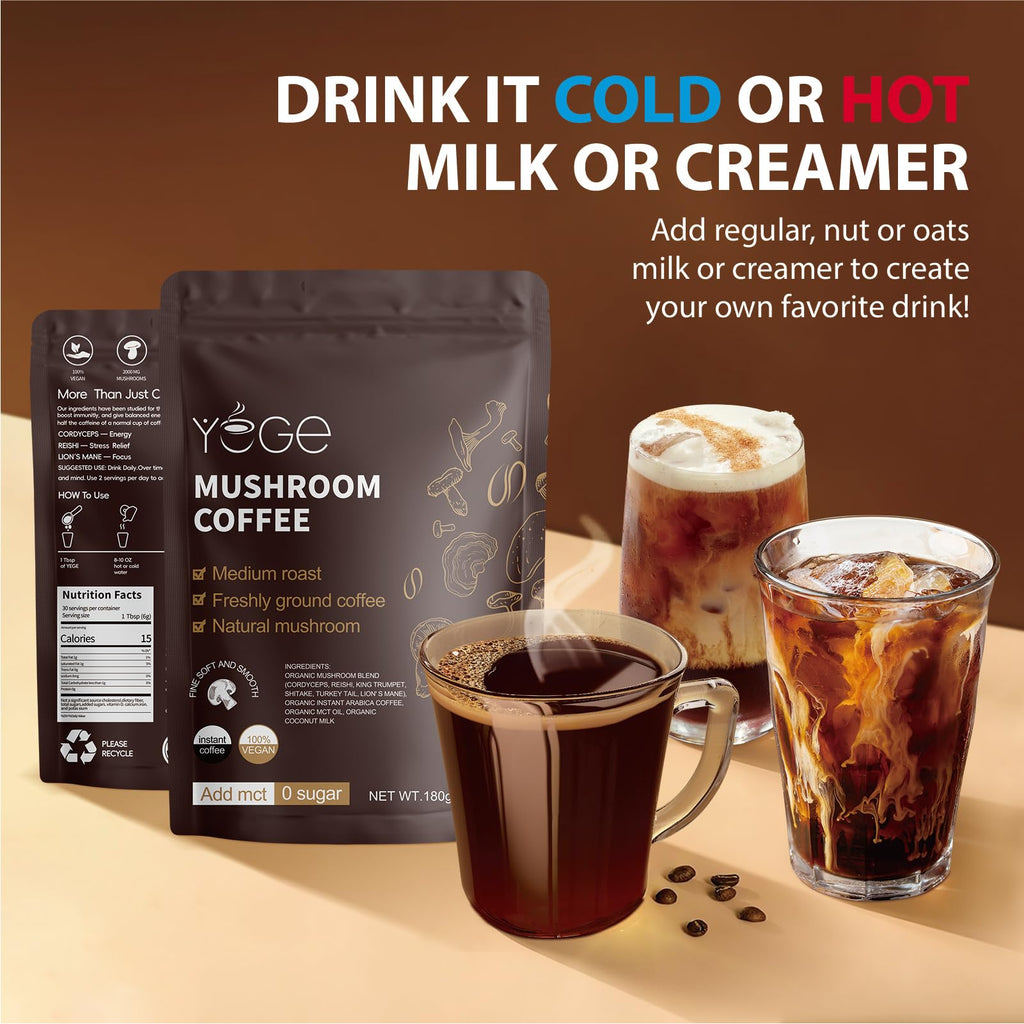 Mushroom Coffee, Instant Mushroom Coffee with Cordyceps, Reishi, King Trumpet, Shiitake, Turkey Tail, Lions Mane for Energy, Focus, Positive Mood & Immune Support (30 Servings)-2Pcs
