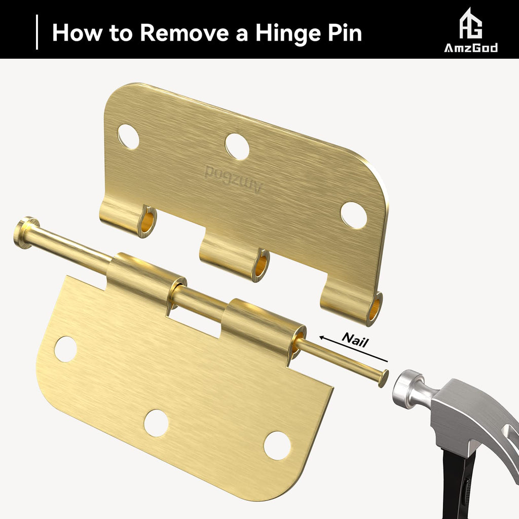 AmzGod Satin Brass Door Hinges - 12 Pack Gold Door Hinges 3.5 Inch Rounded Interior Door Hinge with 5/8" Radius - 3 1/2 Inches Flat Iron Brass Hinges for Residential Standard Doors