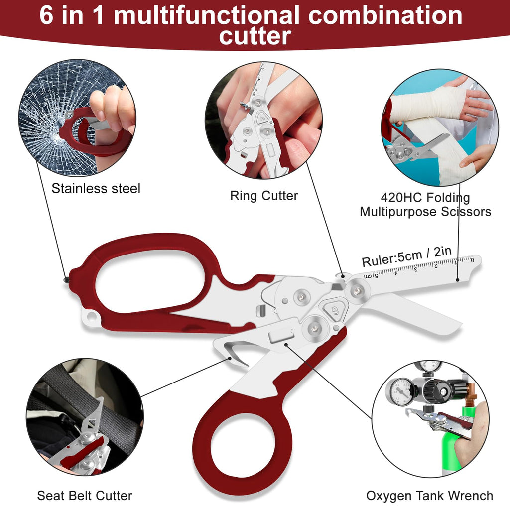 6 in 1 Multifunctional Combination Tool, Folding Retractable Emergency Shears, Outdoor Camping Tools, Seat Belt Cutter, Oxygen Cylinder Wrench, Complimentary Adjustable Wrench (red)