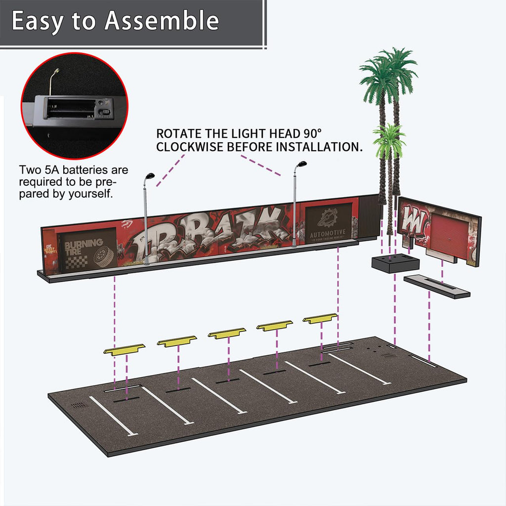 1/64 Diorama Garage, Garage and Display Case for Model Car, Scenic Diorama Display Car Park with 2 LED Street Lamps and 5 Outdoor Parking Spaces (American-Style Garage)