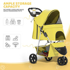 Magshion 3-Wheel Pet Stroller, Foldable Travel Jogger for Small & Medium Dogs & Cats (Up to 33lbs), Lightweight Carrier with Breathable Mesh Cover, Cup Holder & Storage Basket, Yellow