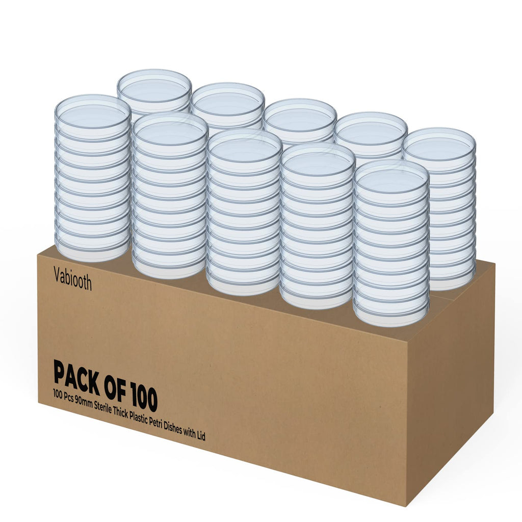 100 Packs Sterile Thick Plastic Petri Dishes with Lid, Vabiooth 90mm Dia x 15mm Deep Clear 3 Vents Petri Dish for Lab Science Experiment
