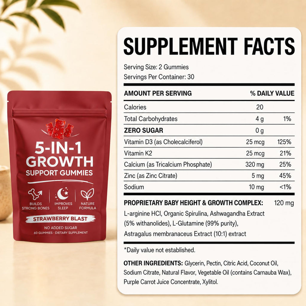 DXWXH 5 in 1 Growth Gummies, Growth Gummies with Vitamin D3 & K2, Calcium, Ashwagandha, Spirulina, for Bone Health & Daily Vitality Support, Strawberry Flavor, Non-GMO, 60 Gummies