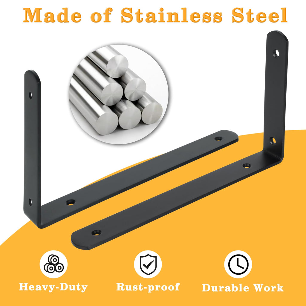 Alise Floating Shelf Brackets,Black Bracket for Shelves Heavy Duty L Wall Bracket Corner Brace,Stainless Steel Joint Angle Brackets for Wooden Board Hanging Support,10x6x1.2 Inch Upgraded(Pack of 4)