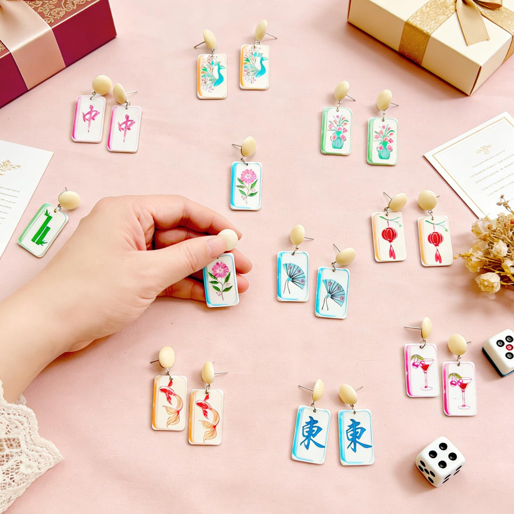 20 Pcs Mahjong Earrings 10 Set Women Funny Acrylic Mahjong Tile Dangle Earrings Creative Geometric Jewelry Lucky Mah Jongg Gifts for Women Friendship Accessories