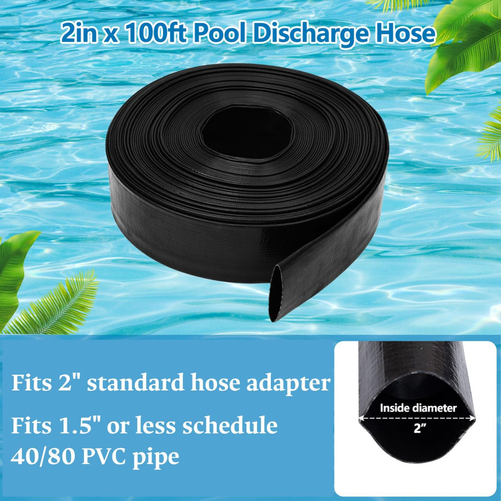 Gonioa 2 inches x 100 FT Heavy-Duty PVC Swimming Pool Backwash Hose, Reinforced Discharge Hose with Clamp for Swimming Pools, Black