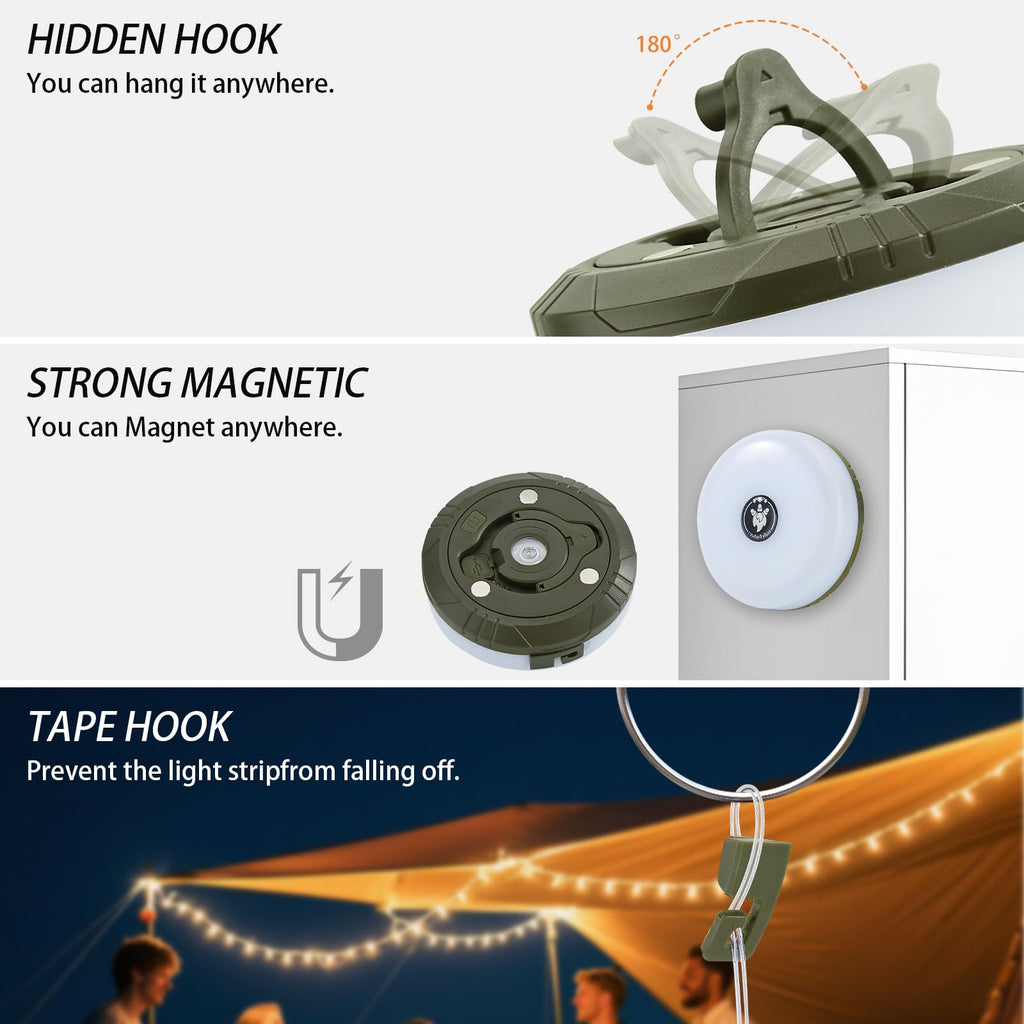 MDCMLKS Camping String Lights, 4 in 1 Portable Camping Light Rechargeable, 8 Lighting Modes, USB Charging, Quick Storage, 32.8FT Waterproof Tent Lights String for Camping, Hiking, Yard, Christmas
