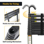RIKADE Telescopic Ladder, 16.5 ft Aluminum Telescoping Ladder with Non-Slip Feet and Stable Hook, Portable Extension Ladder for Household and Outdoor Working, Max Load 330 lb, Black