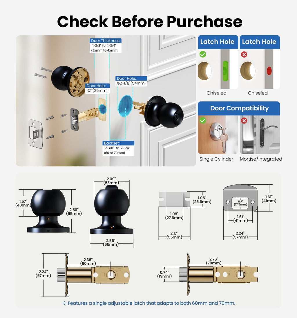 Veise Keyed Entry Door Knob, Bedroom Door Lock with Keys, Heavy-Duty Rust-Proof Construction, Door Handle for Exterior Interior Security, Easy to Install, Matte Black
