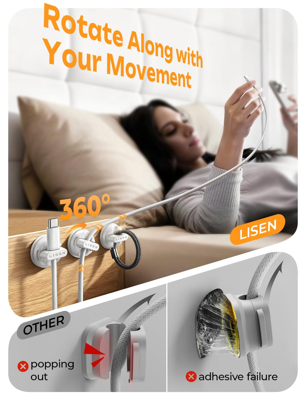 6-Pack Rotatable Cord Holder for Nightstand, LISEN 360°Rotating Magnetic Clips, No-Residue Adhesive Cable Management Clips Neatly for Nightstand, Desk, Home, Office, Car, Cubicle Accessories, White
